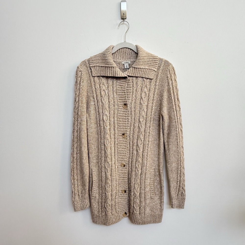 L.L. Bean Cable Knit Fisherman Cardigan Sweater Beige Cotton Button Front M - Picture 7 of 8